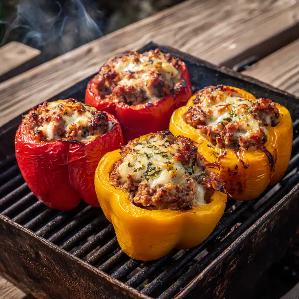 Poivrons farcis au bœuf et BBQ sur grill fumant