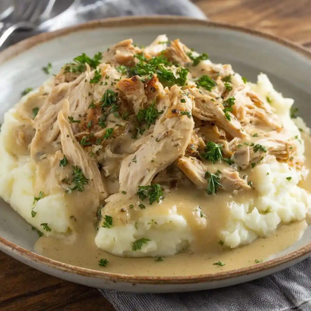 Poulet râpé crémeux sur purée de pommes de terre