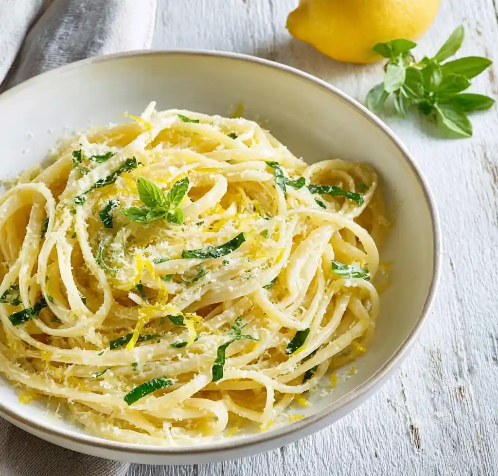 Recette de pâtes citron basilic dans une assiette en céramique