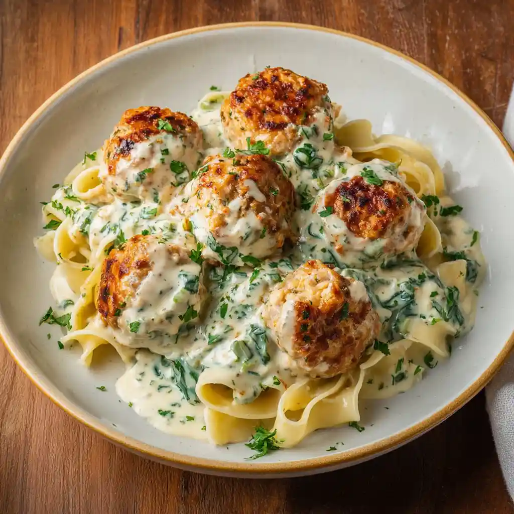 Boulettes poulet ricotta Alfredo servies avec sauce crémeuse