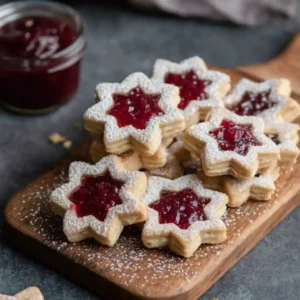Bredele à la confiture alsaciens traditionnels dorés avec trous décoratifs saupoudrés de sucre glace