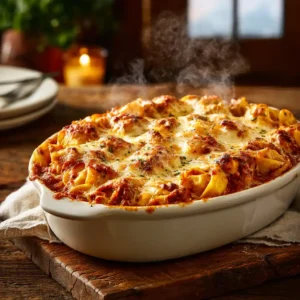 Casserole de tortellinis au fromage et à la viande dorée au four avec fromage fondu et gratiné