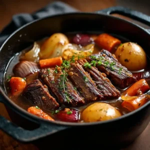Poitrine de bœuf braisée dorée et fondante dans cocotte fonte avec légumes racines, carottes, pommes de terre, navets, sauce riche, recette Chef Benoît style méditerranéen