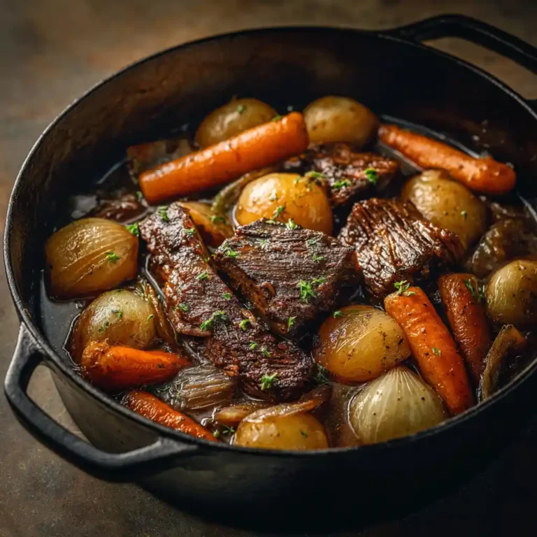 Poitrine de bœuf braisée dorée et fondante dans une cocotte en fonte, garnie de légumes racines et d'herbes fraîches, préparée par Chef Benoît