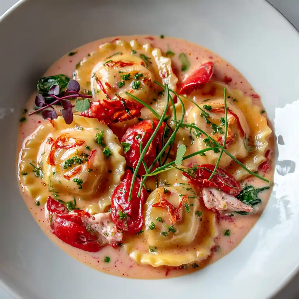 Recette de ravioli au homard avec sauce rosée crémeuse, épinards frais et poivrons rouges rôtis, plat signature de Chef Benoît