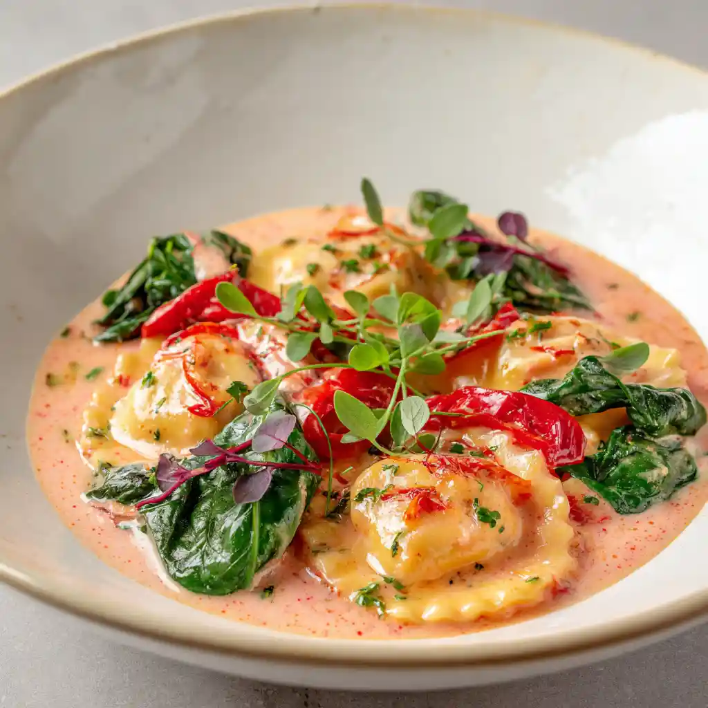 Recette de ravioli au homard élégamment dressée avec sauce rosée, ciboulette fraîche et présentation gastronomique