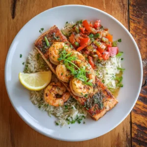 Recette de saumon et crevettes cajun de Chef Benoît - plat signature avec riz parfumé et salsa de poivrons