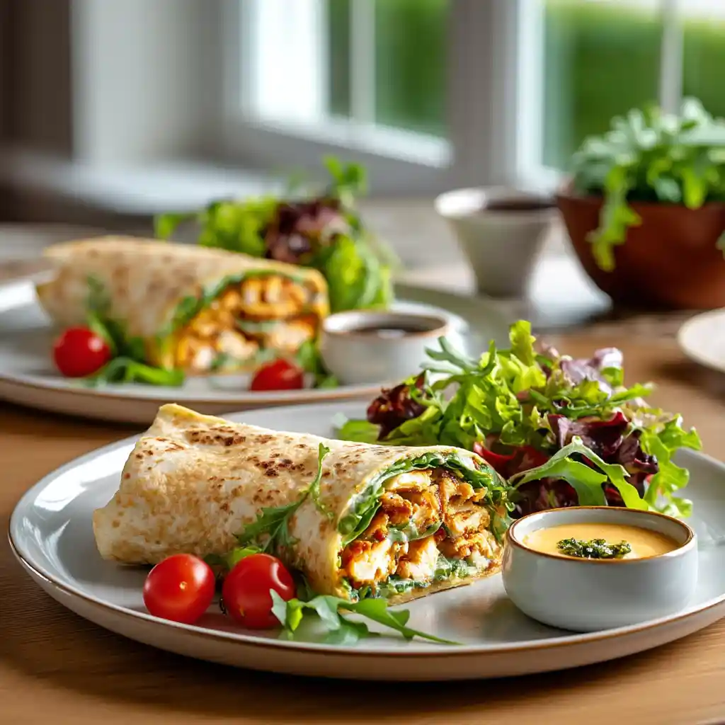 Wraps au poulet chauds servis sur assiette blanche avec salade d'accompagnement et sauce, présentation restaurant du Chef Benoît