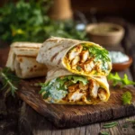 Wrap au poulet méditerranéen fait maison du Chef Benoît, garni de poulet épicé, salade fraîche et fromage, roulé dans une galette de blé dorée