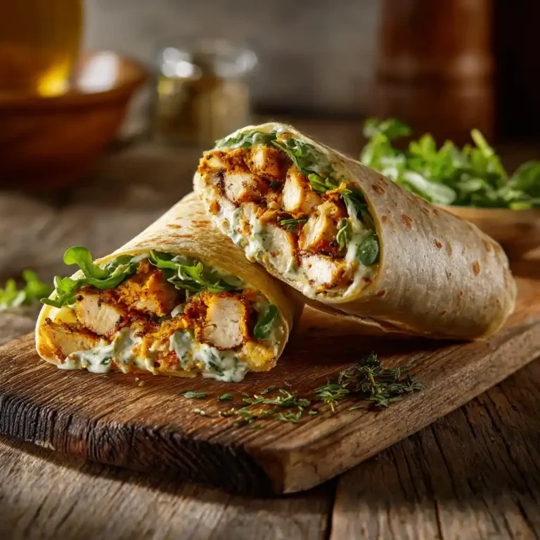 Wrap au poulet méditerranéen fait maison du Chef Benoît, garni de poulet épicé, salade fraîche et fromage, roulé dans une galette de blé dorée