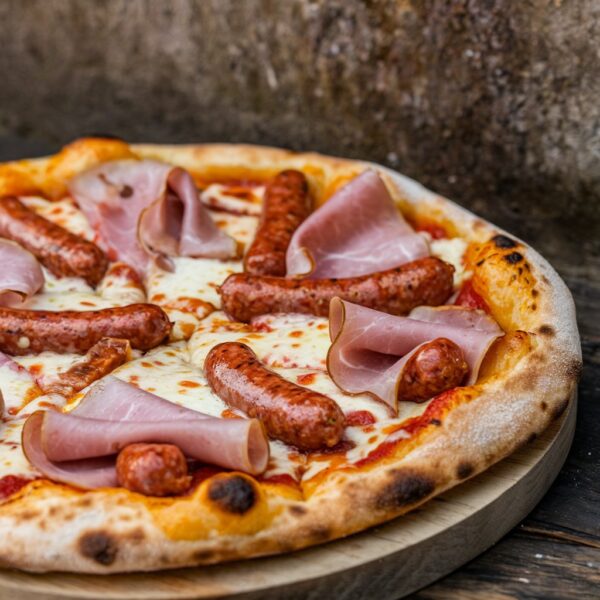 Pizza Gourmande aux Saucisses Épicées et Jambon