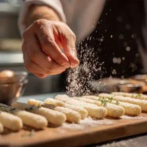Étape d'assaisonnement des bâtonnets de mozzarella : saupoudrage délicat de sel et poivre sur fromage frais, geste précis du chef