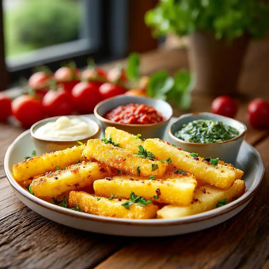 Batonnet de pomme de terre croustillants servis dans une assiette avec trois sauces maison du Chef Benoît