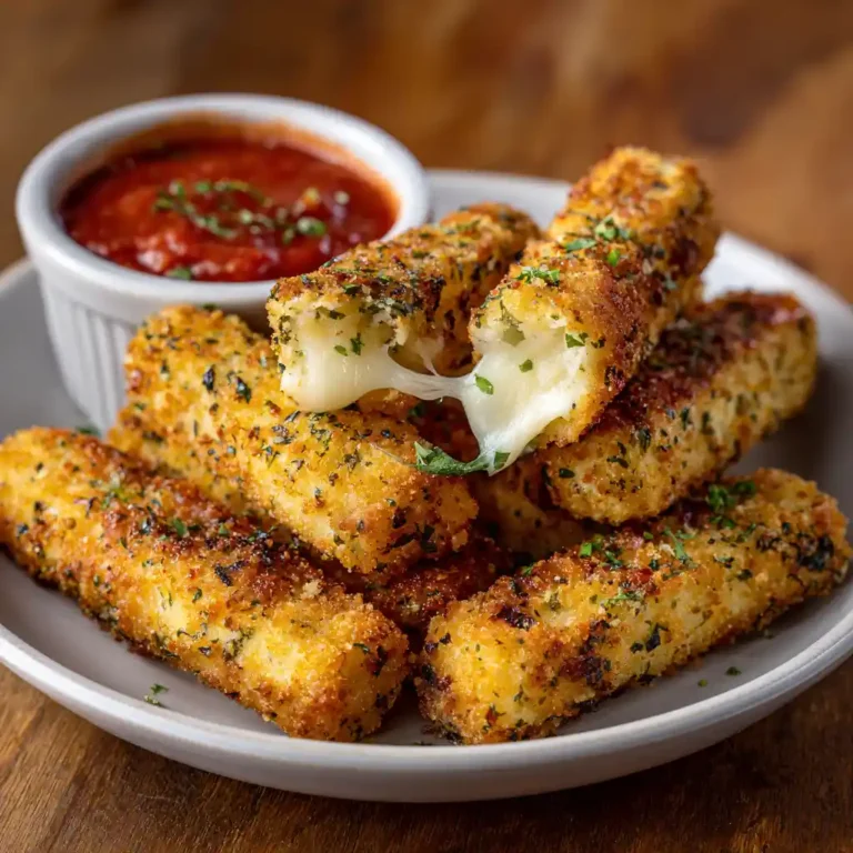 Bâtonnets de mozzarella dorés et croustillants avec panure aux herbes de Provence, servis chauds sur une assiette blanche avec sauce marinara