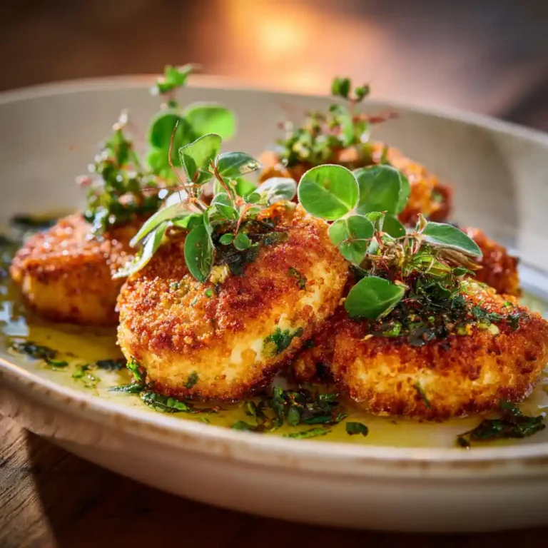 Beignets de feta dorés et croustillants servis chauds sur une assiette blanche avec des herbes fraîches