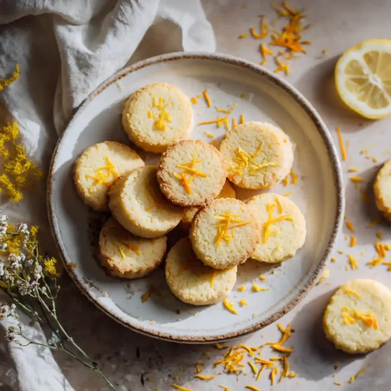 Biscuits sablés au citron dorés disposés sur une assiette blanche avec zeste de citron frais, recette de Chef Benoît