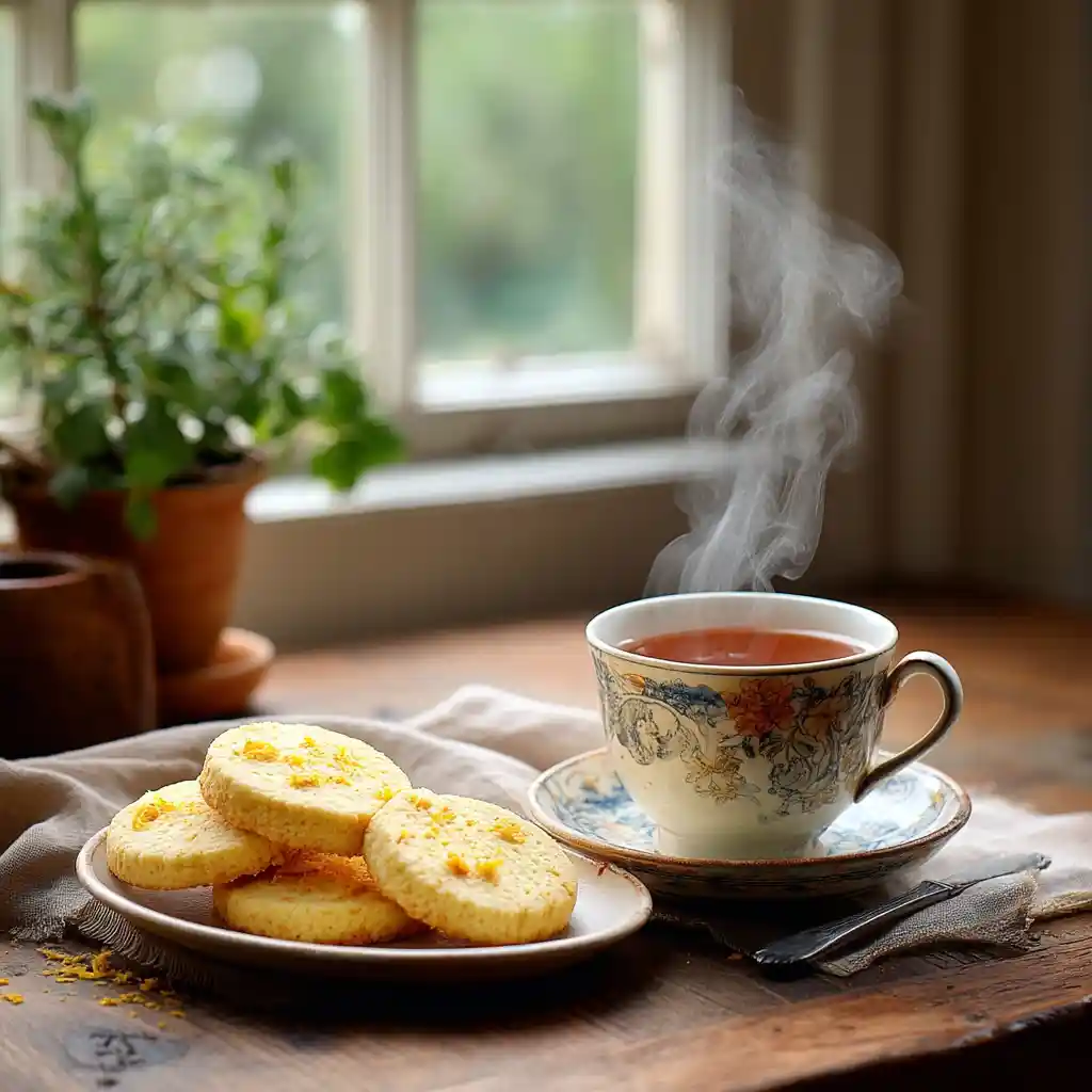 Biscuits sablés au citron servis avec tasse de thé Earl Grey sur table en bois rustique