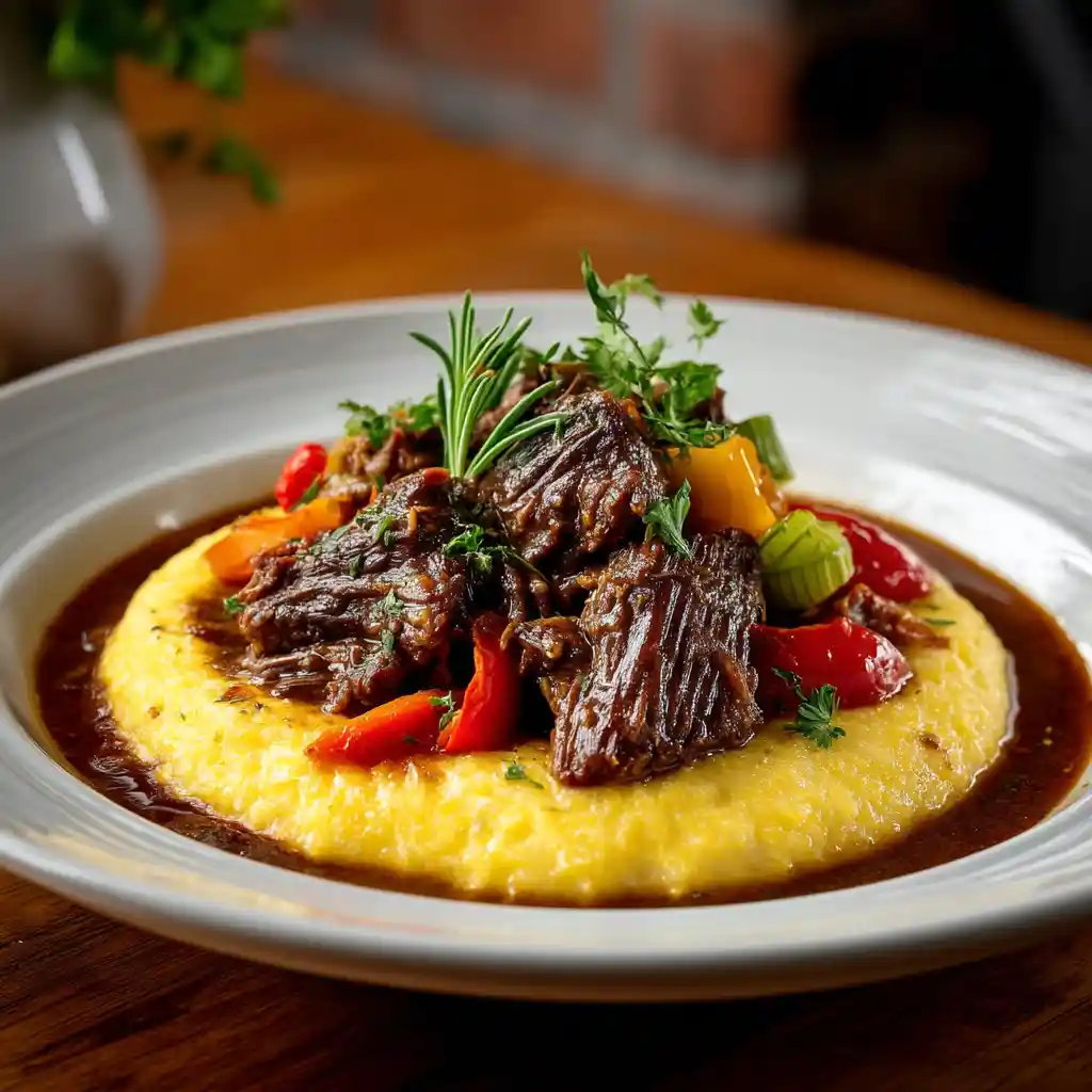Assiette de bœuf mijoté à l'italienne servi avec polenta crémeuse et légumes rôtis, présentation Chef Benoît