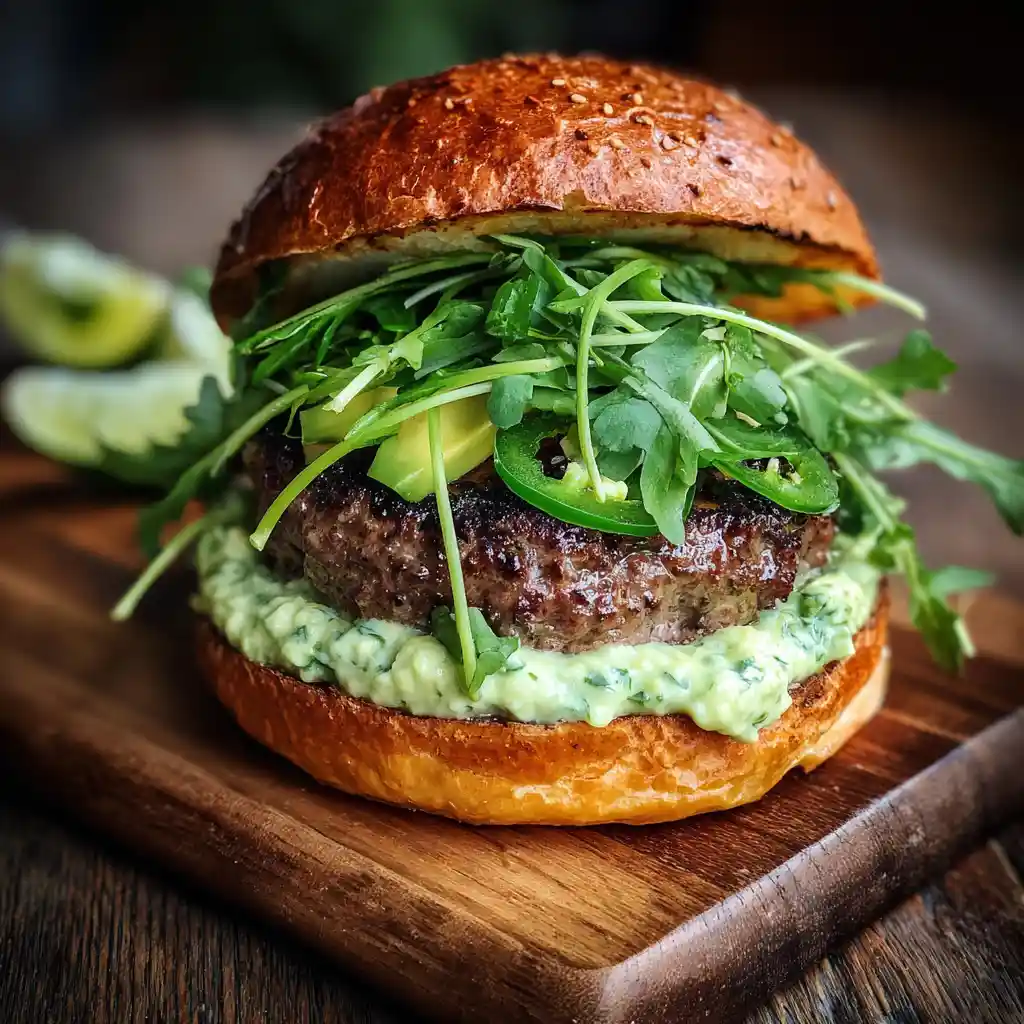 Burger maison à la sauce avocat green goddess, 420 calories, Chef Benoît, sur planche bois rustique