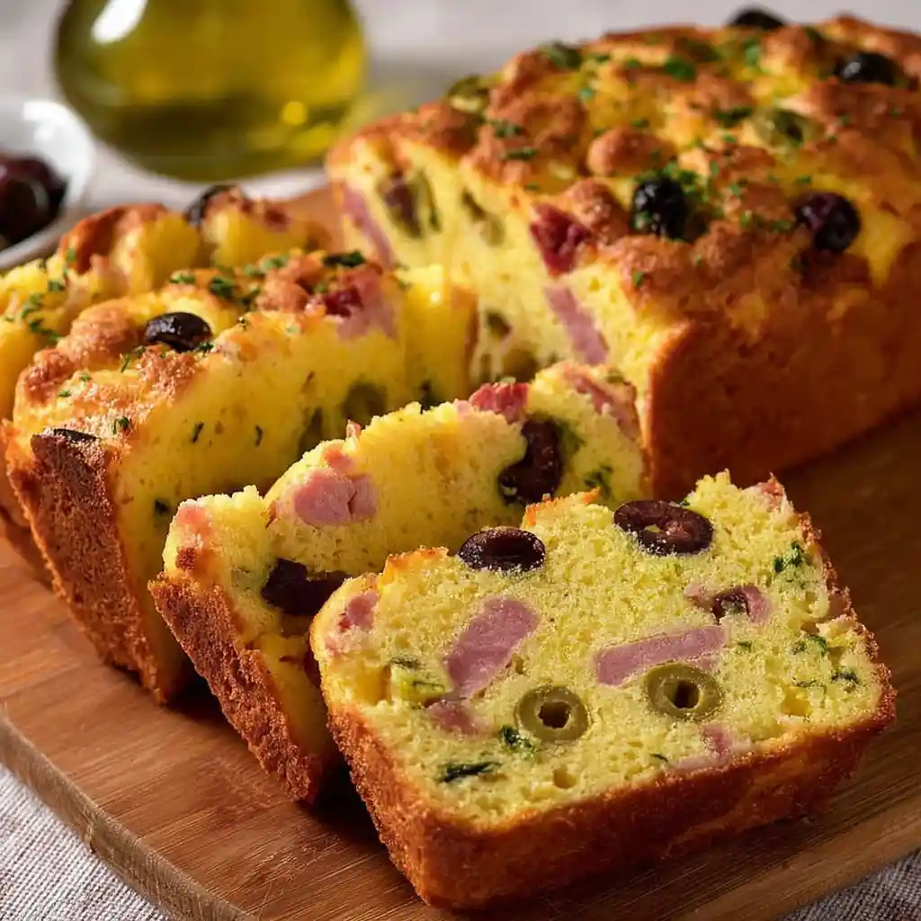 Cake salé moelleux aux lardons jambon et olives, recette rapide Chef Benoît, tranché sur planche bois