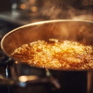 Caramel doré en cuisson dans casserole pour flan au caramel étape 1