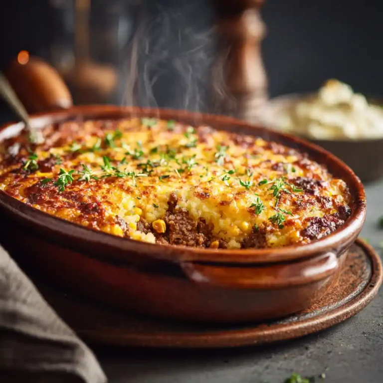 Casserole de maïs et viande hachée avec sauce épicée dorée au four avec boursin fondu