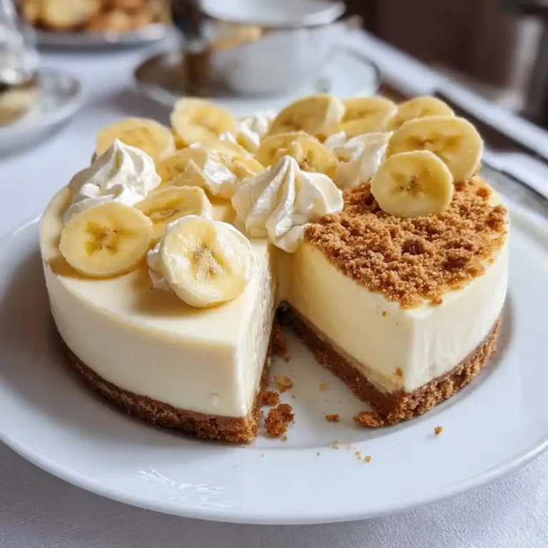 Cheesecake à la banane du Chef Benoît avec rondelles de bananes et chantilly sur fond de pâte aux spéculoos