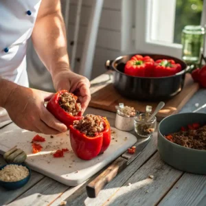Préparation des poivrons farcis au bœuf et BBQ
