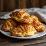Croissants au jambon feuilletés dorés sur plaque de cuisson, garnis de jambon, poulet et fromage fondu, recette Chef Benoît