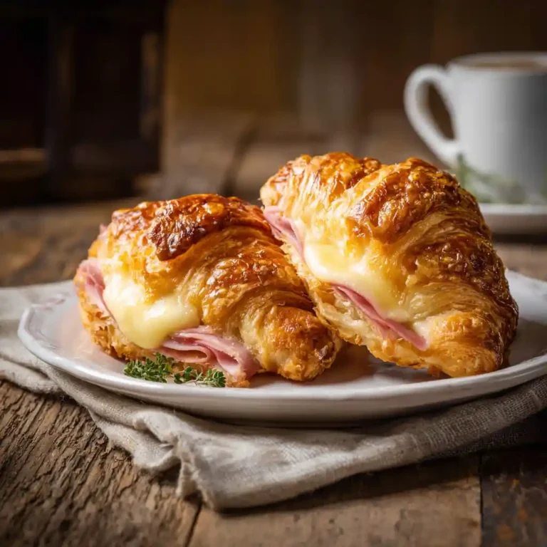 Croissants au jambon feuilletés dorés sur plaque de cuisson, garnis de jambon, poulet et fromage fondu, recette Chef Benoît