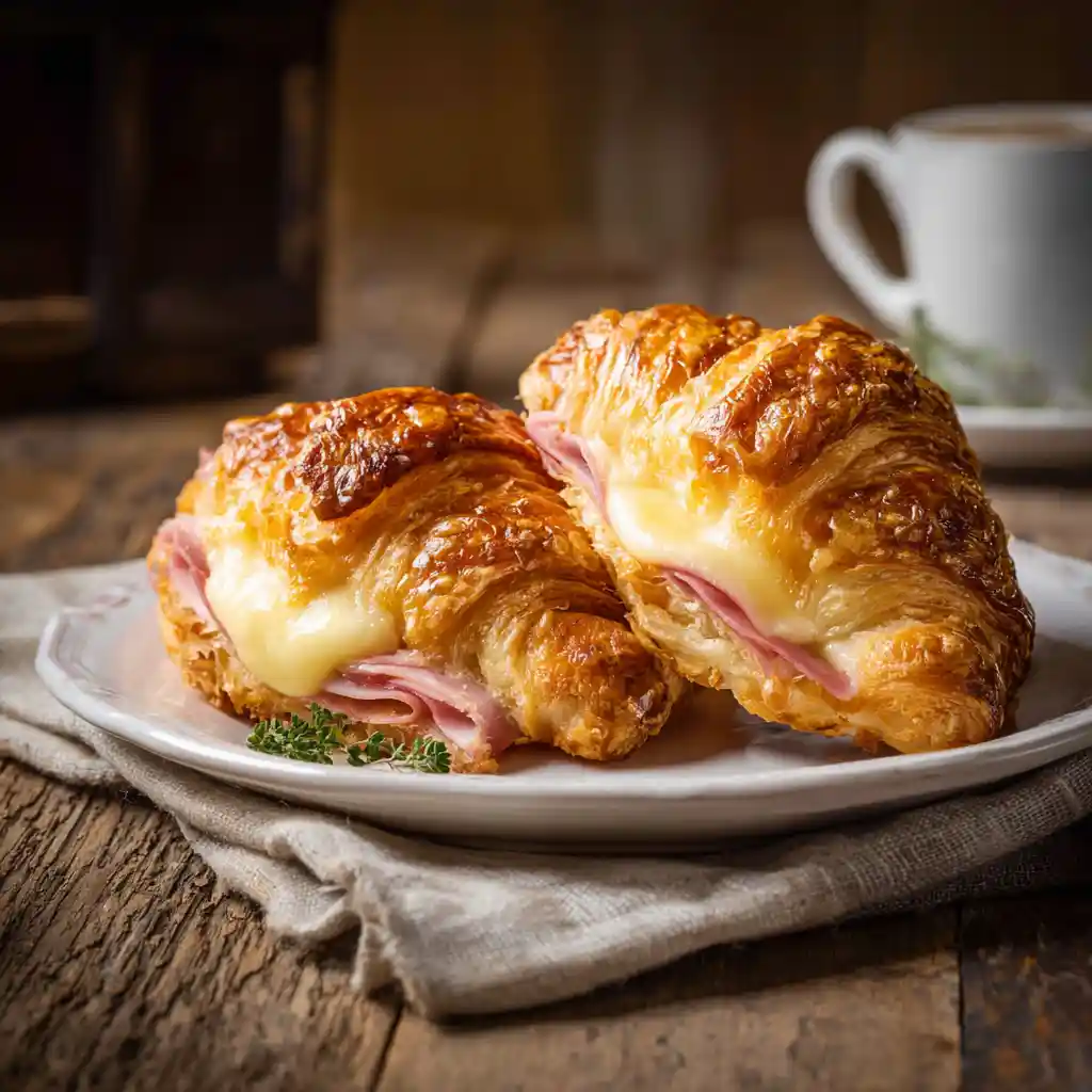 Croissants au jambon feuilletés dorés sur plaque de cuisson, garnis de jambon, poulet et fromage fondu, recette Chef Benoît