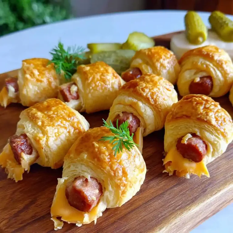 Mini-croissants au saucisse dorés et croustillants du Chef Benoît servis sur planche en bois avec cornichons