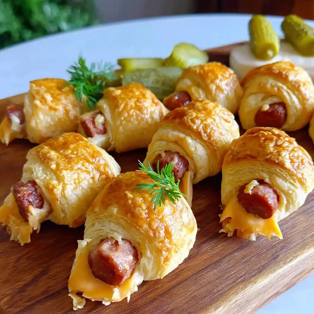 Mini-croissants au saucisse dorés et croustillants du Chef Benoît servis sur planche en bois avec cornichons
