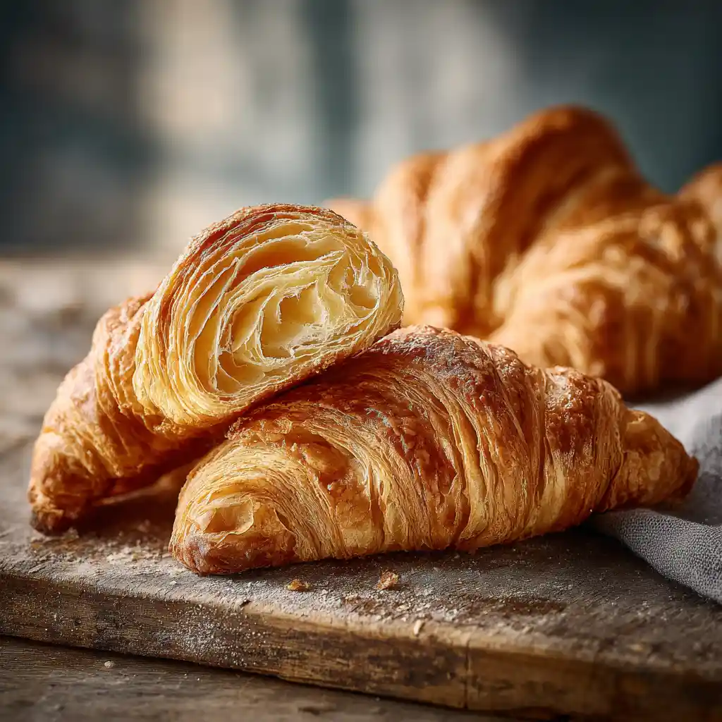 Croissant coupé en deux montrant la texture feuilletée parfaite à l'intérieur avec alvéoles bien formées selon la recette française