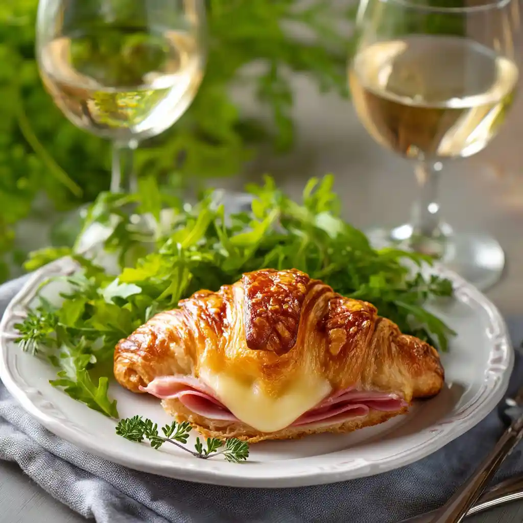 Assiette de croissants au jambon servis à l'apéritif avec salade verte et vin blanc, présentation élégante