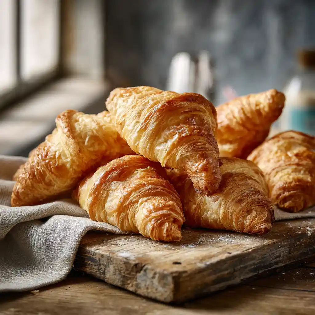 Croissants maison dorés et feuilletés selon la recette authentique d'un chef français, disposés sur une planche en bois