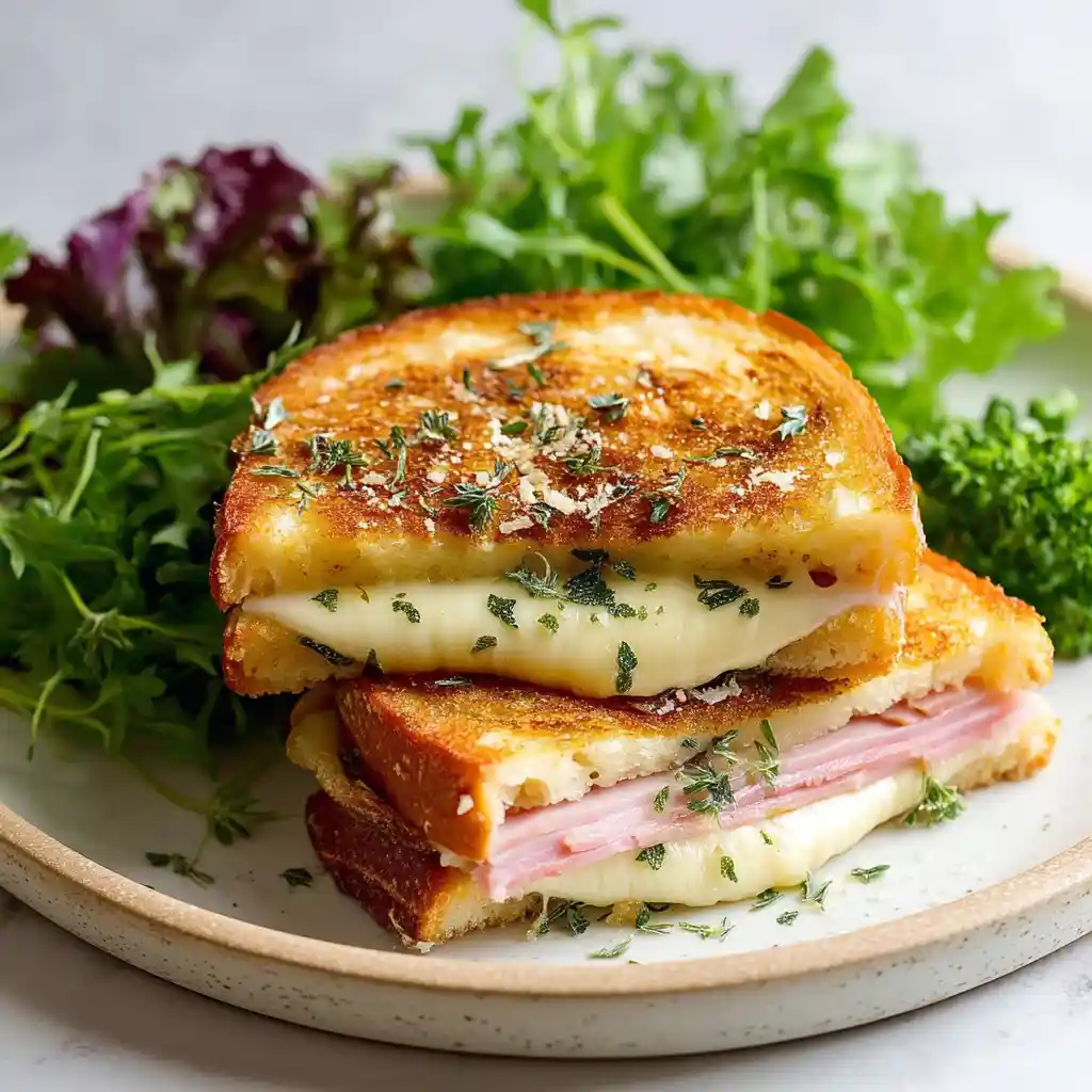 Croque-monsieur doré parfaitement gratiné préparé selon la recette authentique du Chef Benoît, servi sur assiette blanche avec salade verte