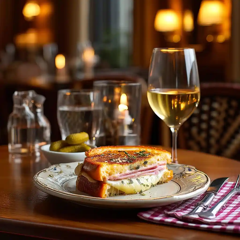Croque-monsieur servi dans un bistro parisien avec cornichons et salade, ambiance chaleureuse de brasserie française