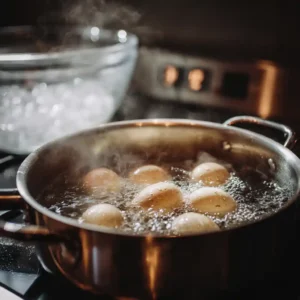 Cuisson des œufs de caille dans casserole d'eau bouillante - étape 1 de la recette des mini croquettes de crabe