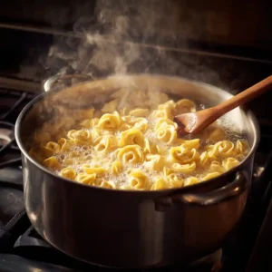 Tortellinis au fromage en cours de cuisson dans une grande casserole d'eau bouillante salée