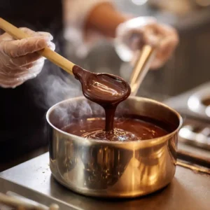 Première étape du dôme chocolaté : préparation du cœur praliné croquant dans une casserole avec chocolat fondu et crème