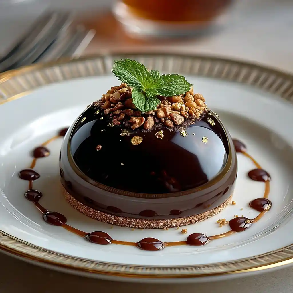 Dôme chocolaté servi dans une assiette élégante avec décoration pralinée, prêt à être dégusté