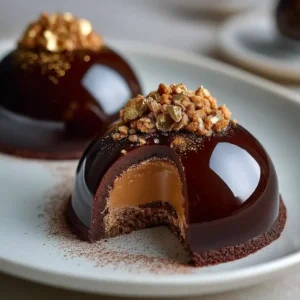 Dôme chocolaté au cœur praliné croquant avec glaçage miroir parfait, dessert signature du Chef Benoît