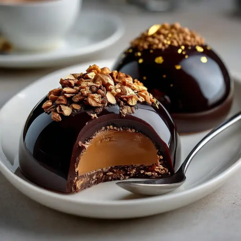 Dôme chocolaté au cœur praliné croquant avec glaçage miroir parfait, dessert signature du Chef Benoît sur assiette blanche