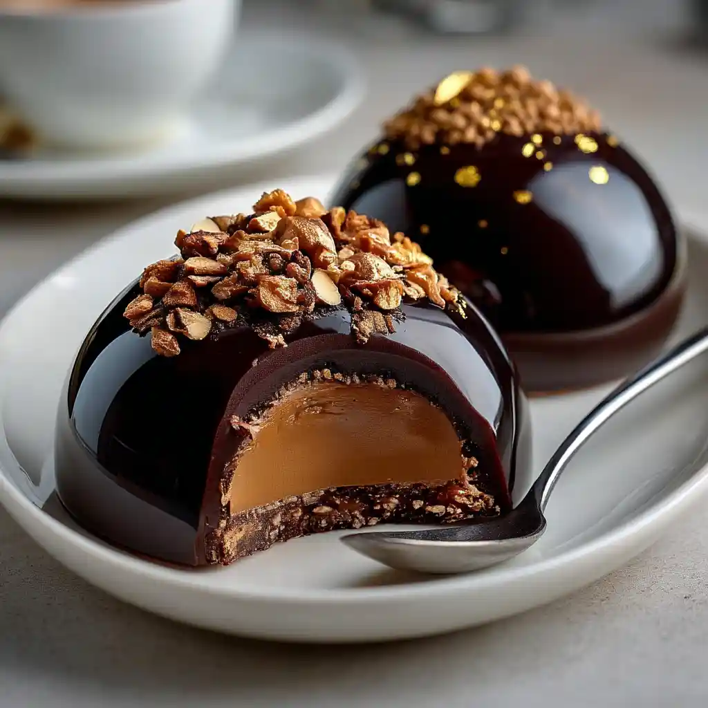 Dôme chocolaté au cœur praliné croquant avec glaçage miroir parfait, dessert signature du Chef Benoît sur assiette blanche