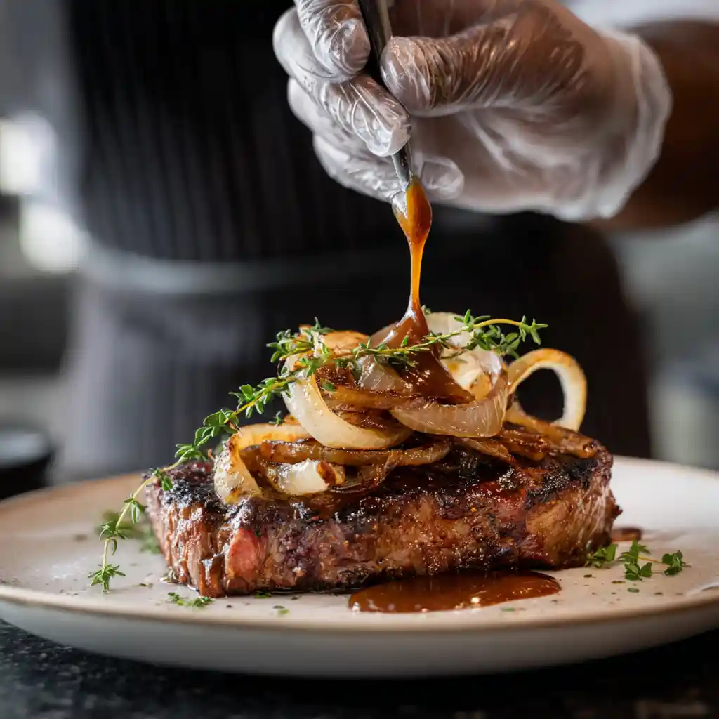 Dressage professionnel de steaks de faux-filet nappés de sauce Mississippi avec oignons caramélisés sur assiette gastronomique