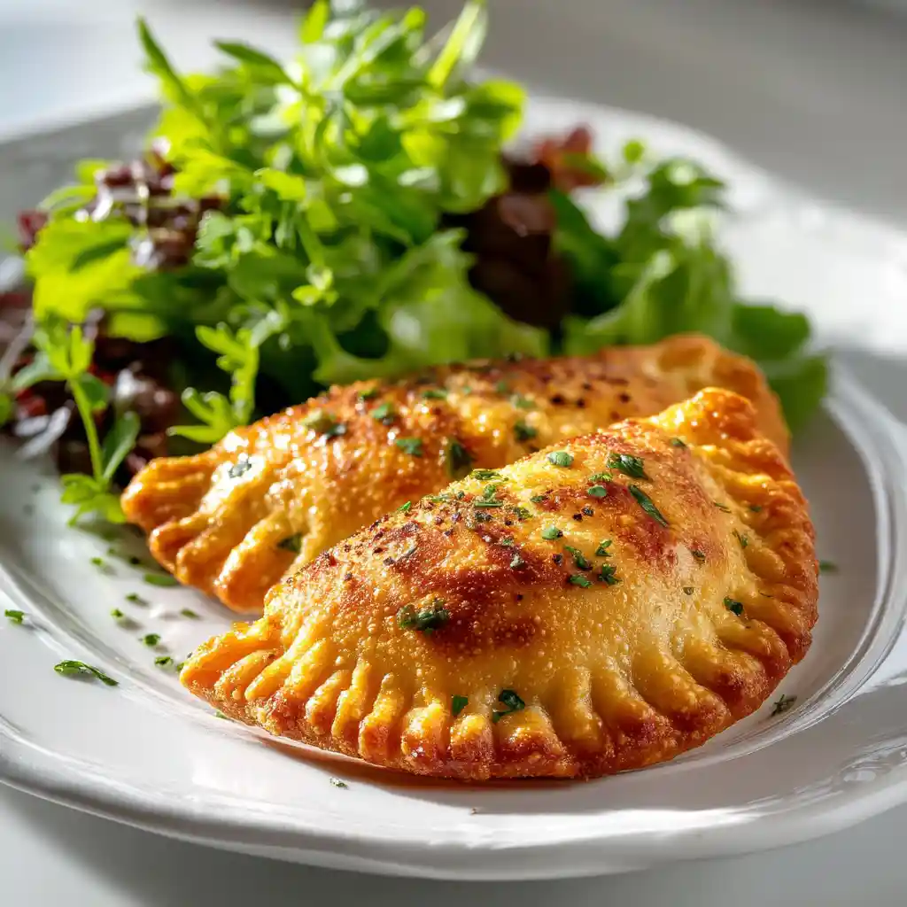 recette des empanadas au fromage servies sur assiette avec salade verte présentation chef gastronomique