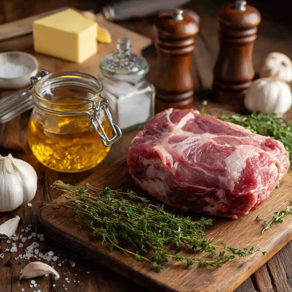 Ingrédients pour épaule d'agneau au four : viande crue, miel, thym frais, ail et épices