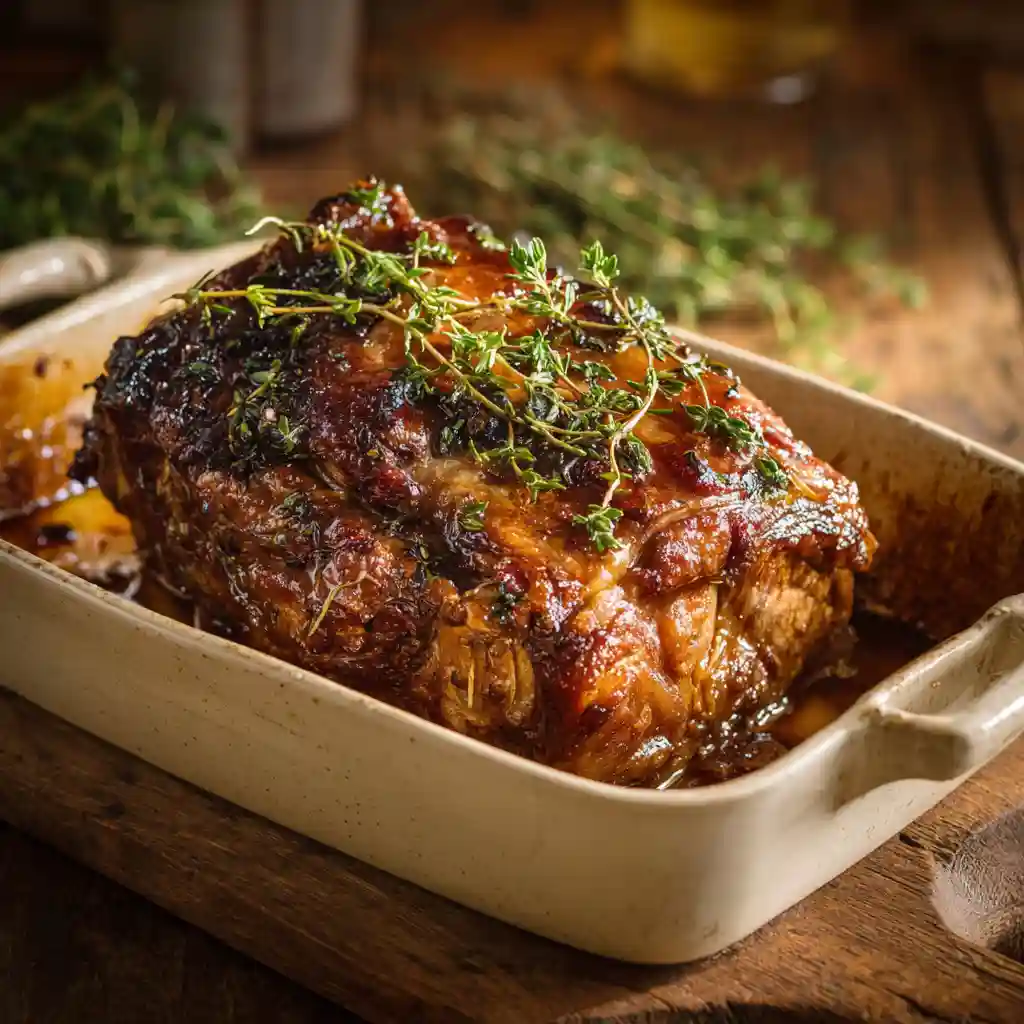 Épaule d'agneau au four dorée au miel et thym, parfaitement caramélisée dans un plat de cuisson