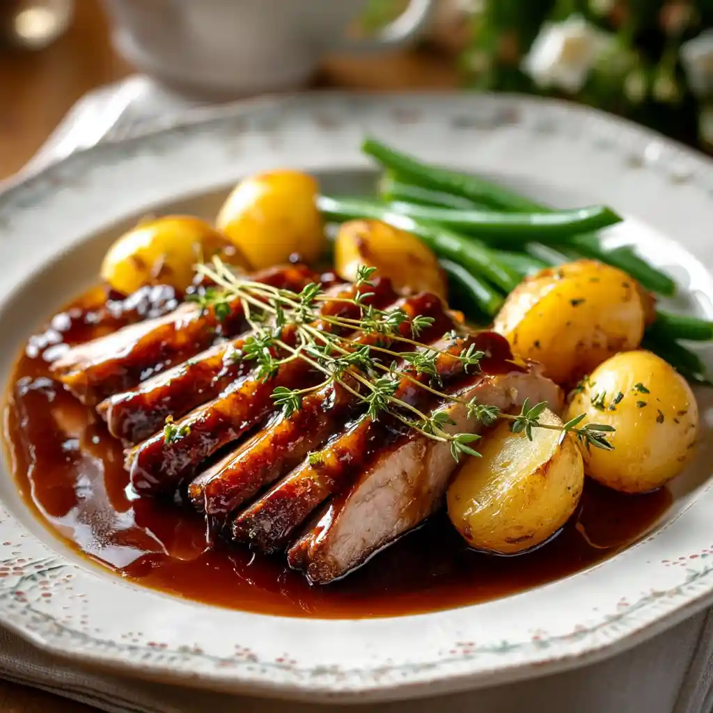 Tranches d'épaule d'agneau au four servies dans une assiette avec pommes de terre et légumes verts